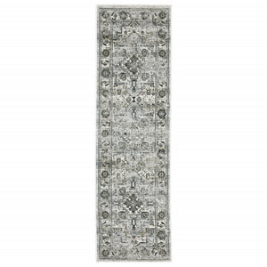 Homeroots 2' X 8' Ivory Grey Charcoal Blue And Taupe Oriental Power Loom Stain Resistant Runner Rug  Polyester 508922