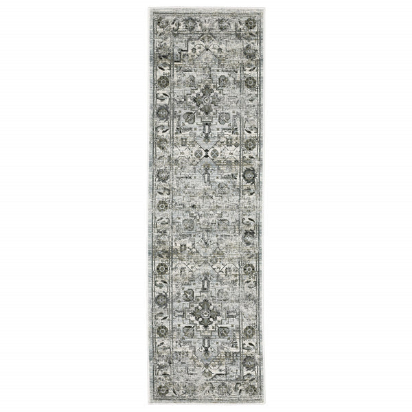 Homeroots 2' X 8' Ivory Grey Charcoal Blue And Taupe Oriental Power Loom Stain Resistant Runner Rug  Polyester 508922