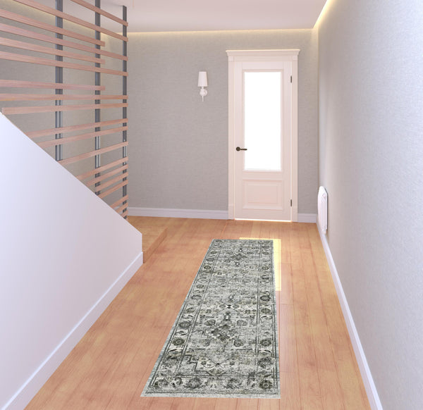 Homeroots 2' X 8' Ivory Grey Charcoal Blue And Taupe Oriental Power Loom Stain Resistant Runner Rug  Polyester 508922