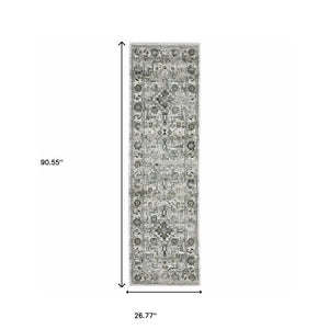 Homeroots 2' X 8' Ivory Grey Charcoal Blue And Taupe Oriental Power Loom Stain Resistant Runner Rug  Polyester 508922