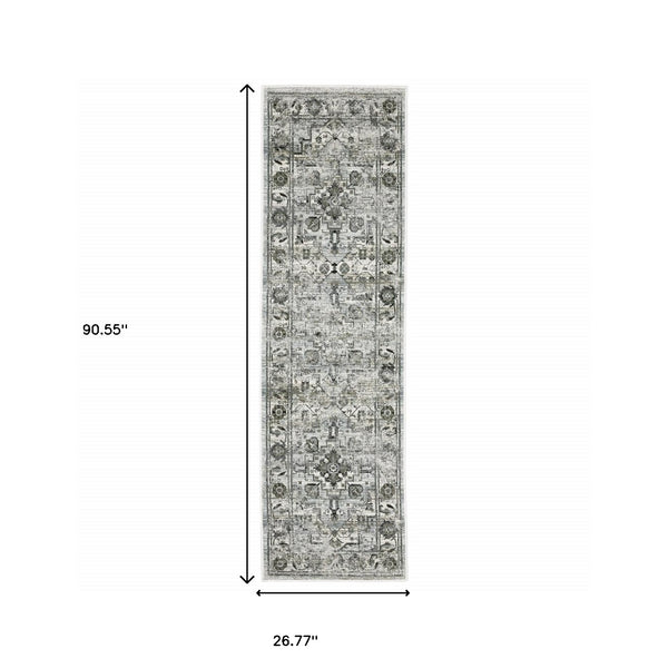 Homeroots 2' X 8' Ivory Grey Charcoal Blue And Taupe Oriental Power Loom Stain Resistant Runner Rug  Polyester 508922