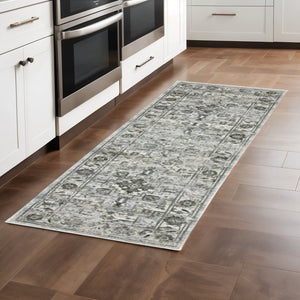 HomeRoots 2' Elegant Ivory Grey Charcoal Blue and Taupe Oriental Runner Rug - Stain Resistant for High Traffic Areas 2'3" x 7'6" 508922