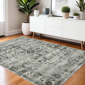 HomeRoots 2' Elegant Ivory Grey Charcoal Blue and Taupe Oriental Runner Rug - Stain Resistant for High Traffic Areas 4' X 6' 508923