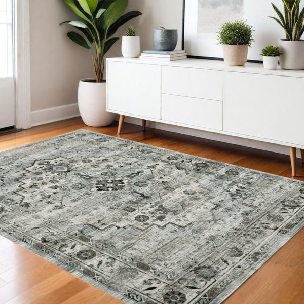 HomeRoots 2' Elegant Ivory Grey Charcoal Blue and Taupe Oriental Runner Rug - Stain Resistant for High Traffic Areas 4' X 6' 508923