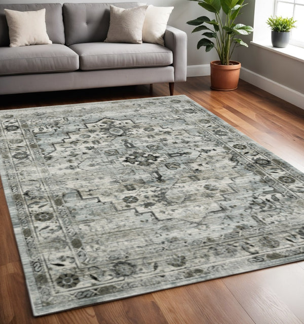 HomeRoots 2' Elegant Ivory Grey Charcoal Blue and Taupe Oriental Runner Rug - Stain Resistant for High Traffic Areas 5' X 8' 508924