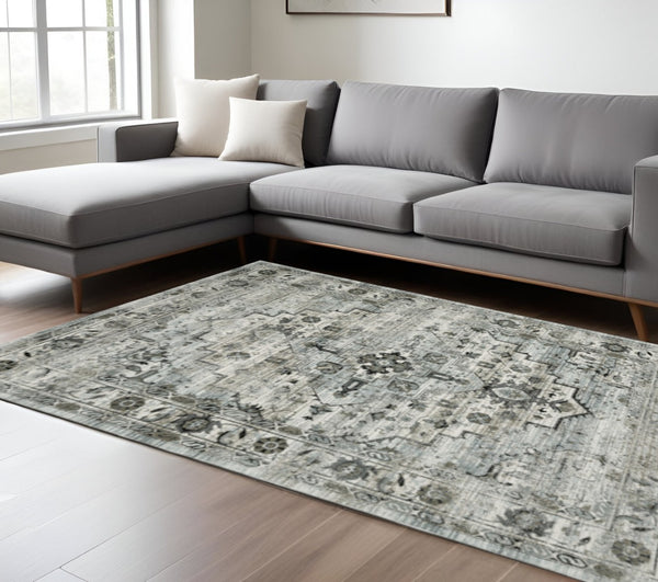 HomeRoots 2' Elegant Ivory Grey Charcoal Blue and Taupe Oriental Runner Rug - Stain Resistant for High Traffic Areas 8' X 11' 508926
