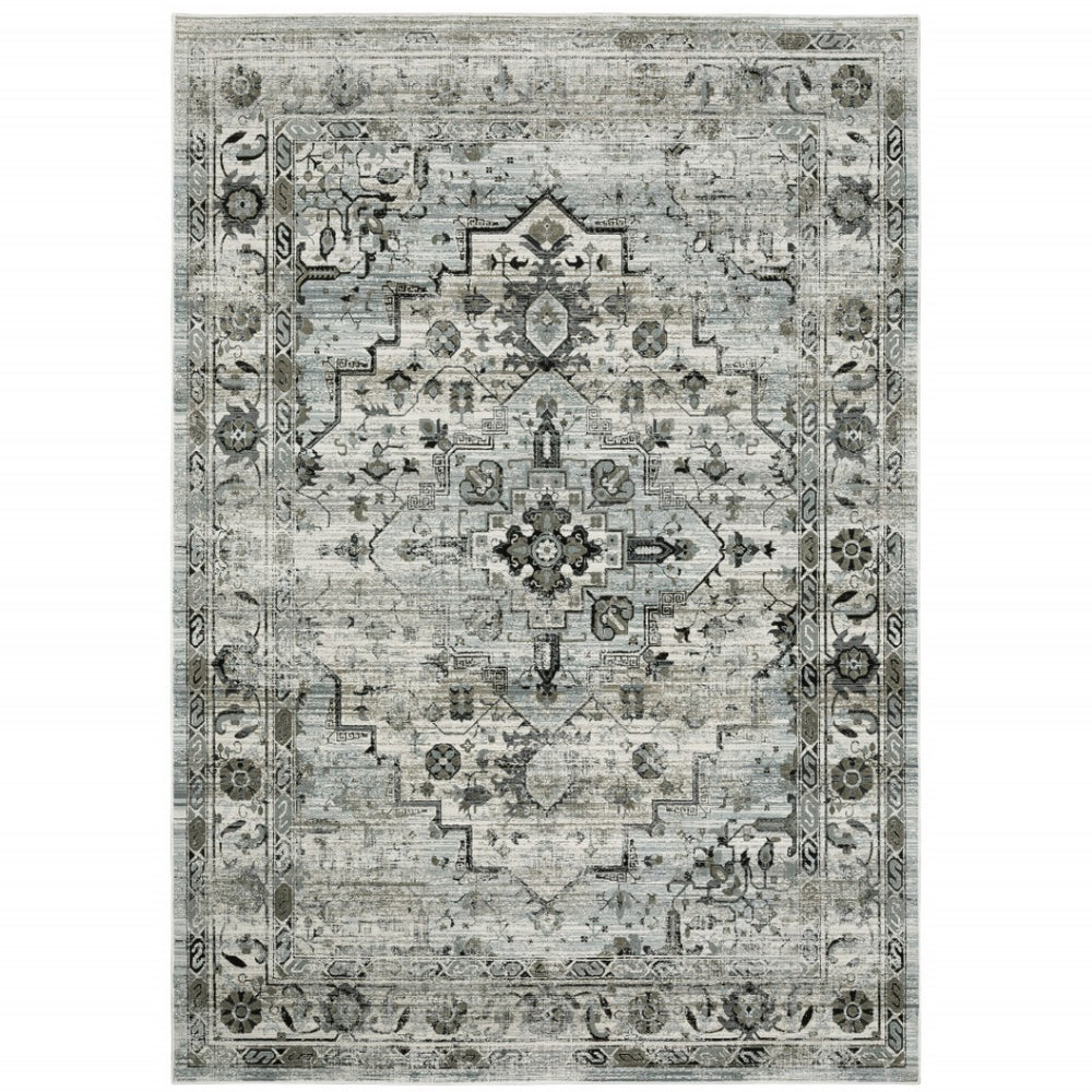 HomeRoots 2' Elegant Ivory Grey Charcoal Blue and Taupe Oriental Runner Rug - Stain Resistant for High Traffic Areas 10' X 13' 508927