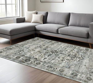 HomeRoots 2' Elegant Ivory Grey Charcoal Blue and Taupe Oriental Runner Rug - Stain Resistant for High Traffic Areas 10' X 13' 508927