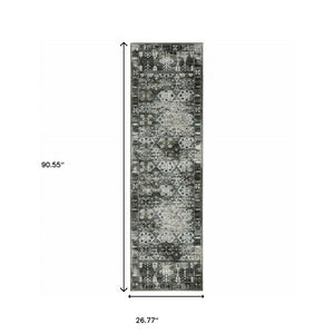 HomeRoots 2' X 8' Elegant Charcoal Grey Oriental Runner Rug - Stain Resistant, Durable for High-Traffic Areas 2'3" x 7'6" 508928