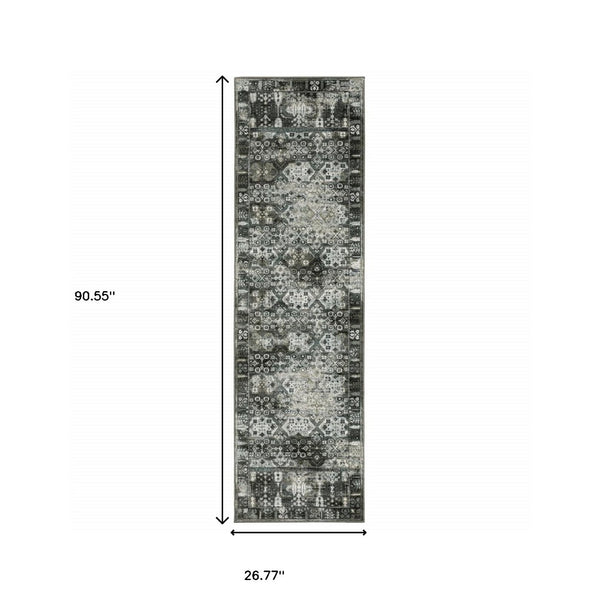 HomeRoots 2' X 8' Elegant Charcoal Grey Oriental Runner Rug - Stain Resistant, Durable for High-Traffic Areas 2'3" x 7'6" 508928
