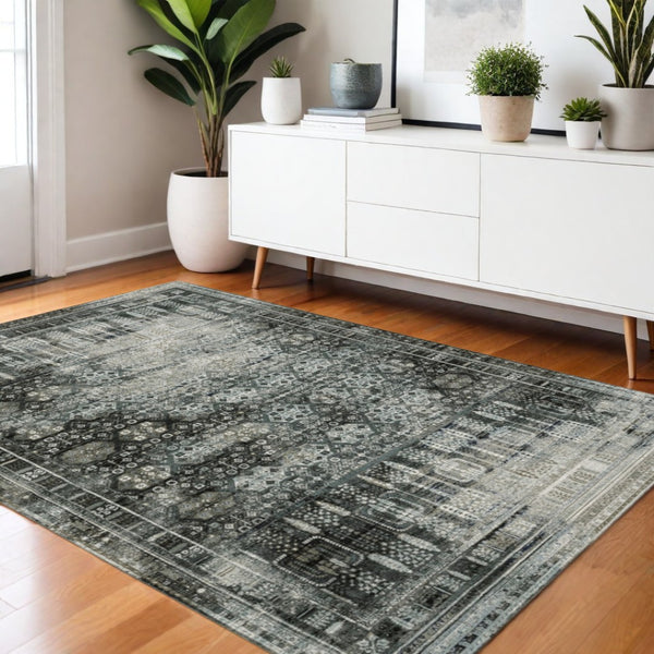 HomeRoots 2' X 8' Elegant Charcoal Grey Oriental Runner Rug - Stain Resistant, Durable for High-Traffic Areas 4' X 6' 508929