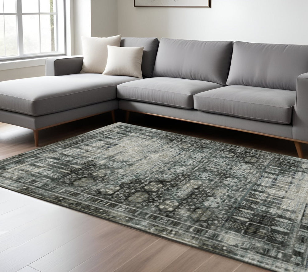HomeRoots 2' X 8' Elegant Charcoal Grey Oriental Runner Rug - Stain Resistant, Durable for High-Traffic Areas 10' X 13' 508933