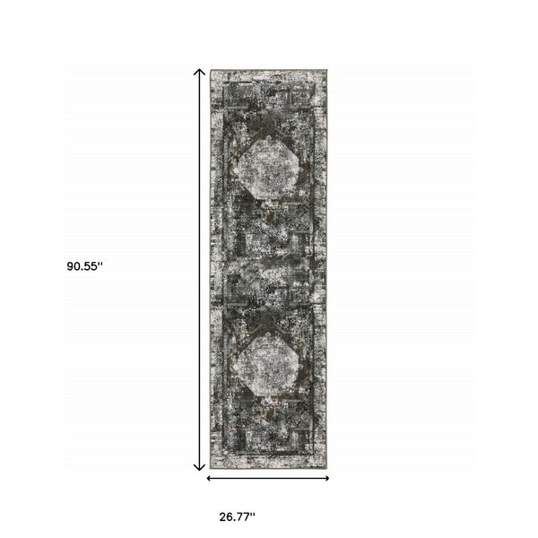HomeRoots 2' X 8' Elegant Charcoal and Rust Oriental Runner Rug – Stain Resistant, Durable, Perfect for Hallways 2'3" x 7'6" 508934