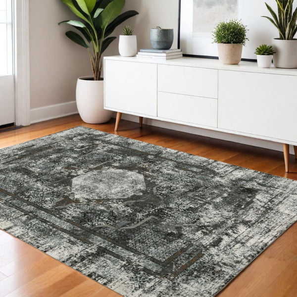 HomeRoots 2' X 8' Elegant Charcoal and Rust Oriental Runner Rug – Stain Resistant, Durable, Perfect for Hallways 4' X 6' 508935