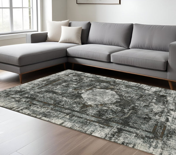 HomeRoots 2' X 8' Elegant Charcoal and Rust Oriental Runner Rug – Stain Resistant, Durable, Perfect for Hallways 10' X 13' 508939