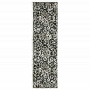 HomeRoots 2' Timeless Oriental Power Loom Runner Rug in Ivory Charcoal Grey Blue Rust Gold for Busy Homes 2'3" x 7'6" 508940