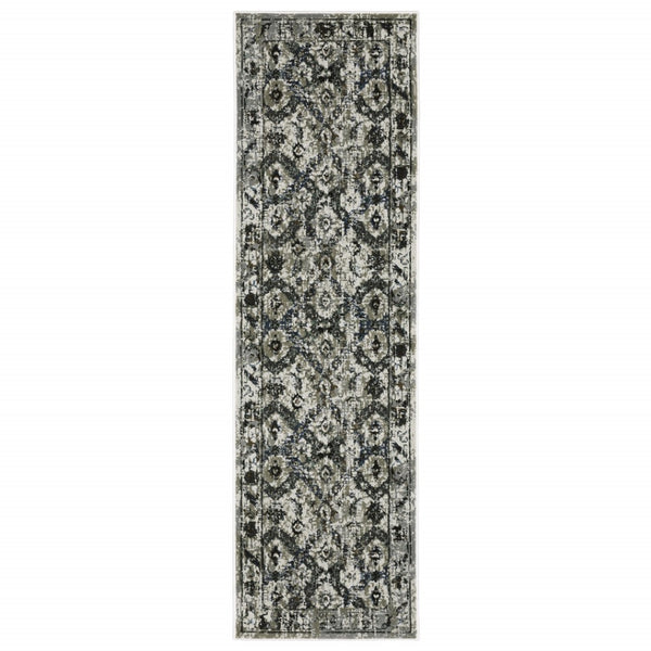 HomeRoots 2' Timeless Oriental Power Loom Runner Rug in Ivory Charcoal Grey Blue Rust Gold for Busy Homes 2'3" x 7'6" 508940