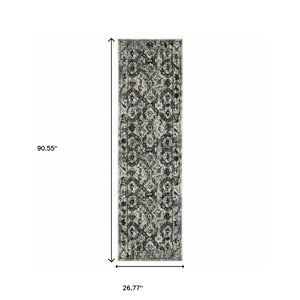 HomeRoots 2' Timeless Oriental Power Loom Runner Rug in Ivory Charcoal Grey Blue Rust Gold for Busy Homes 2'3" x 7'6" 508940