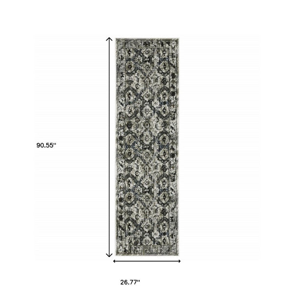 HomeRoots 2' Timeless Oriental Power Loom Runner Rug in Ivory Charcoal Grey Blue Rust Gold for Busy Homes 2'3" x 7'6" 508940