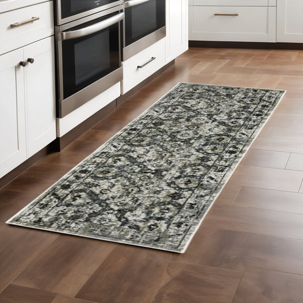 HomeRoots 2' Timeless Oriental Power Loom Runner Rug in Ivory Charcoal Grey Blue Rust Gold for Busy Homes 2'3" x 7'6" 508940