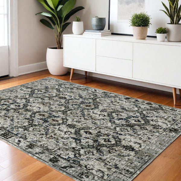 HomeRoots 2' Timeless Oriental Power Loom Runner Rug in Ivory Charcoal Grey Blue Rust Gold for Busy Homes 4' X 6' 508941