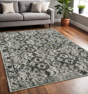HomeRoots 2' Timeless Oriental Power Loom Runner Rug in Ivory Charcoal Grey Blue Rust Gold for Busy Homes 5' X 8' 508942