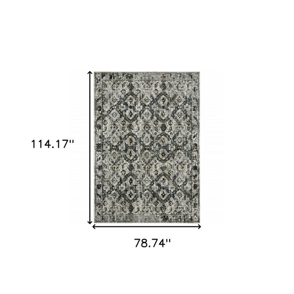 HomeRoots 2' Timeless Oriental Power Loom Runner Rug in Ivory Charcoal Grey Blue Rust Gold for Busy Homes 7' X 10' 508943