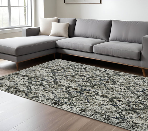 HomeRoots 2' Timeless Oriental Power Loom Runner Rug in Ivory Charcoal Grey Blue Rust Gold for Busy Homes 7' X 10' 508943