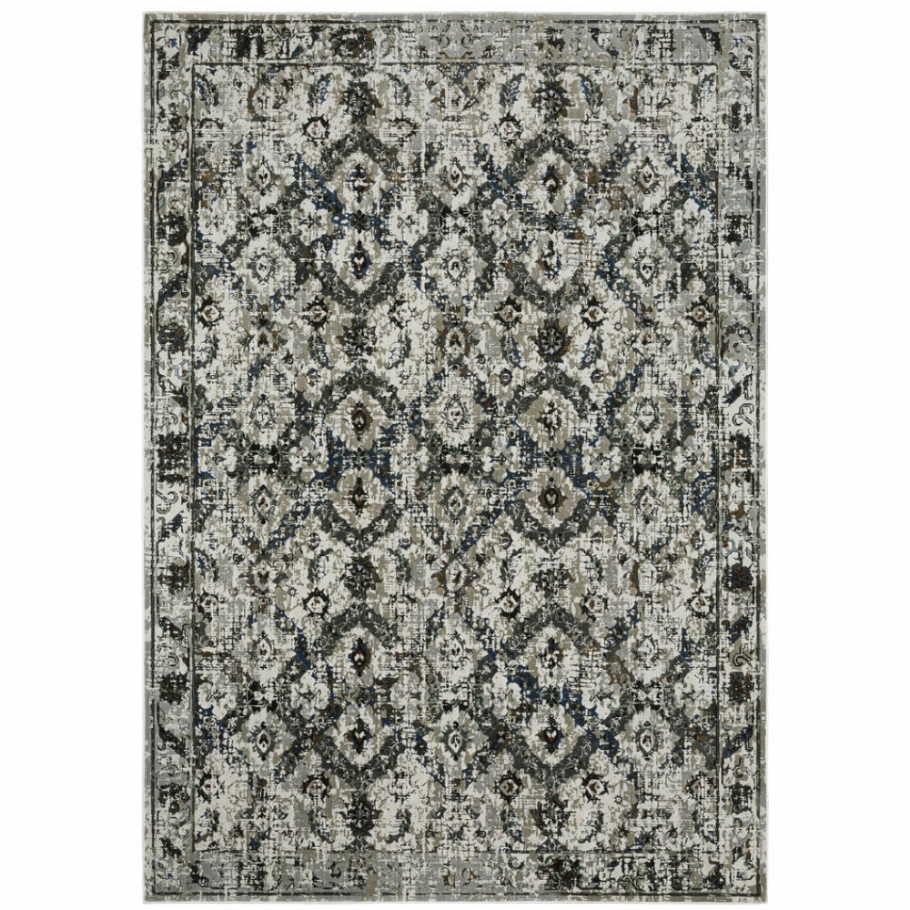 HomeRoots 2' Timeless Oriental Power Loom Runner Rug in Ivory Charcoal Grey Blue Rust Gold for Busy Homes 10' X 13' 508945