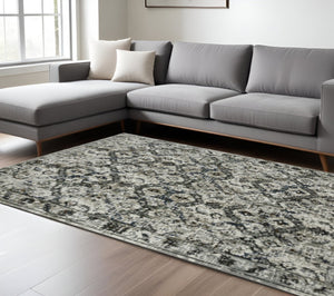 HomeRoots 2' Timeless Oriental Power Loom Runner Rug in Ivory Charcoal Grey Blue Rust Gold for Busy Homes 10' X 13' 508945