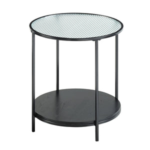 English Elm 2pc Zephyr Occasional Table Set with Fluted Glass Tops, Black Metal Frame & Wood Shelf, Modern Living Centerpiece B011P291534