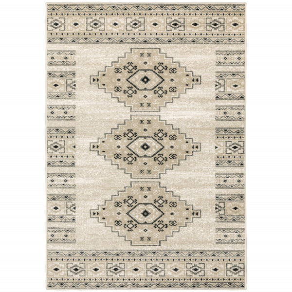 HomeRoots 5' Southwestern Power Loom Area Rug in Ivory, Grey & Black - Stain Resistant for Modern Homes 5' X 7' 508963