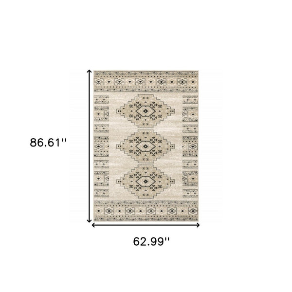 HomeRoots 5' Southwestern Power Loom Area Rug in Ivory, Grey & Black - Stain Resistant for Modern Homes 5' X 7' 508963
