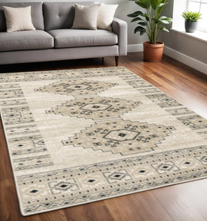 HomeRoots 5' Southwestern Power Loom Area Rug in Ivory, Grey & Black - Stain Resistant for Modern Homes 5' X 7' 508963