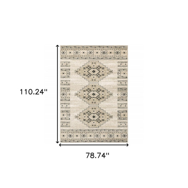 HomeRoots 5' Southwestern Power Loom Area Rug in Ivory, Grey & Black - Stain Resistant for Modern Homes 7' X 9' 508964