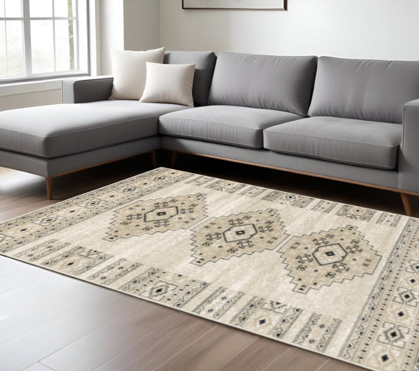 HomeRoots 5' Southwestern Power Loom Area Rug in Ivory, Grey & Black - Stain Resistant for Modern Homes 8' X 10' 508965