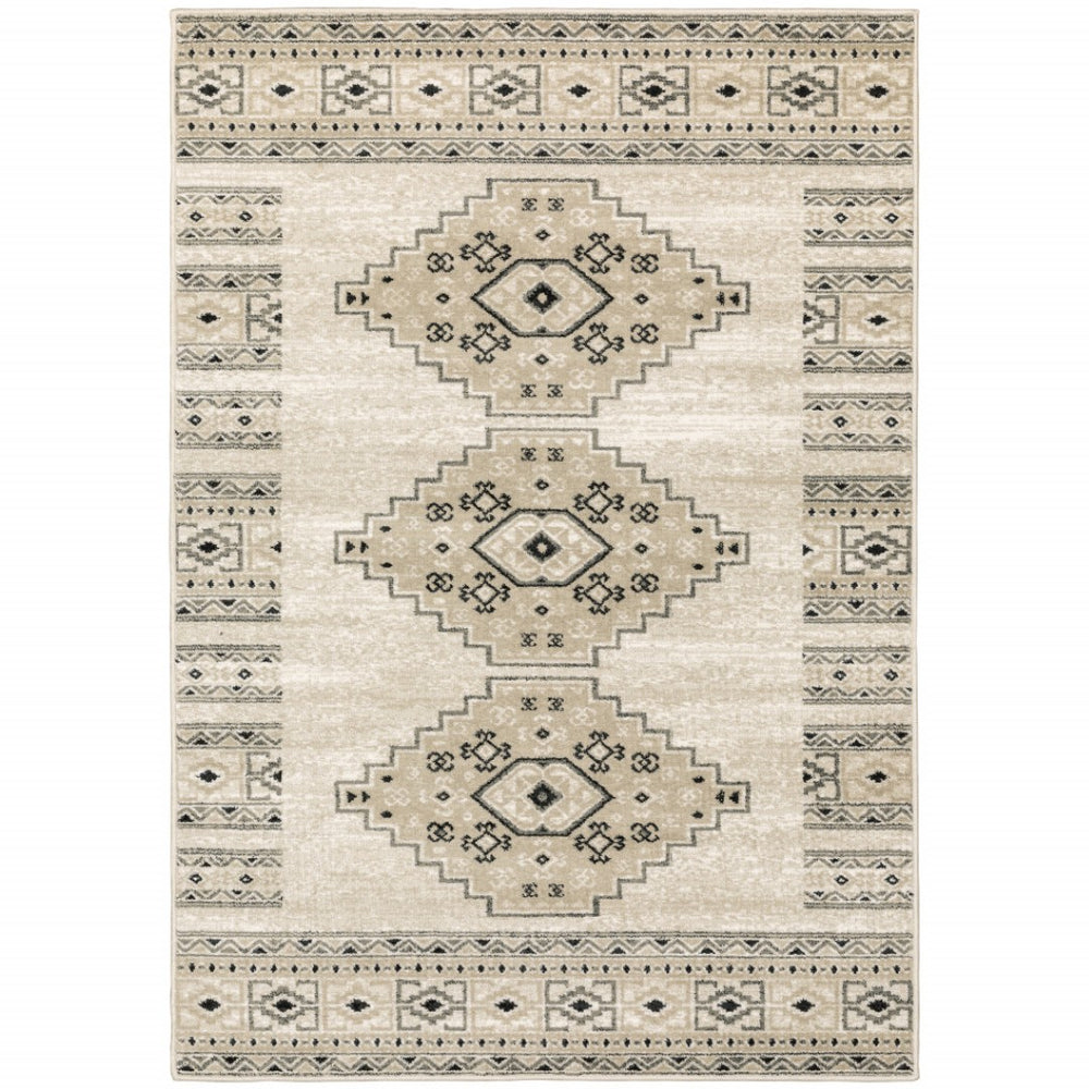 HomeRoots 5' Southwestern Power Loom Area Rug in Ivory, Grey & Black - Stain Resistant for Modern Homes 10' X 13' 508966