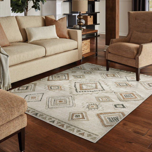 HomeRoots 5' Southwestern Area Rug in Ivory, Orange, Tan, Black & Grey - Durable, Stain-Resistant Design for Any Room 8' X 10' 508971