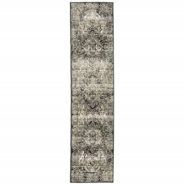 Homeroots 2' X 8' Black Grey Tan And Ivory Oriental Power Loom Stain Resistant Runner Rug  Polypropylene 508973