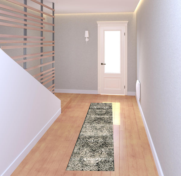 Homeroots 2' X 8' Black Grey Tan And Ivory Oriental Power Loom Stain Resistant Runner Rug  Polypropylene 508973