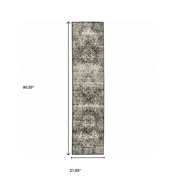 Homeroots 2' X 8' Black Grey Tan And Ivory Oriental Power Loom Stain Resistant Runner Rug  Polypropylene 508973