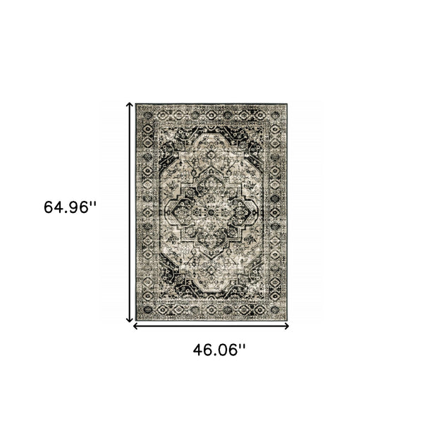 Homeroots 4' X 6' Black Grey Tan And Ivory Oriental Power Loom Stain Resistant Area Rug  Polypropylene 508974