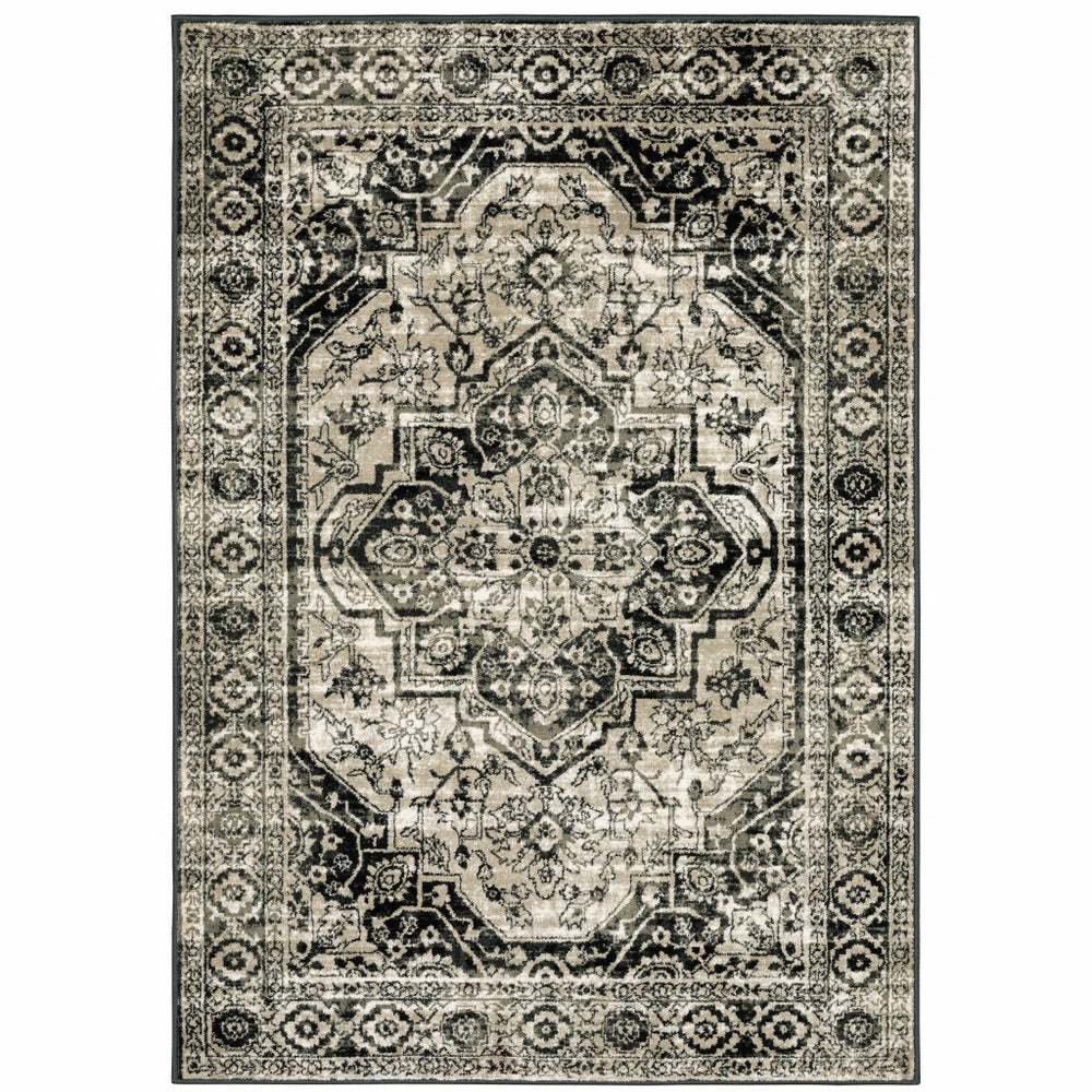 Homeroots 5' X 7' Black Grey Tan And Ivory Oriental Power Loom Stain Resistant Area Rug  Polypropylene 508975