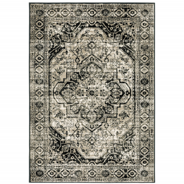 Homeroots 5' X 7' Black Grey Tan And Ivory Oriental Power Loom Stain Resistant Area Rug  Polypropylene 508975