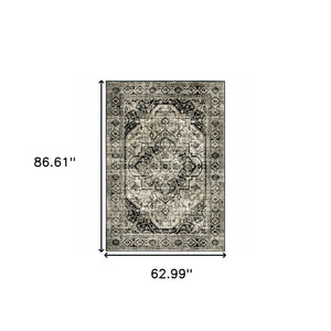 Homeroots 5' X 7' Black Grey Tan And Ivory Oriental Power Loom Stain Resistant Area Rug  Polypropylene 508975