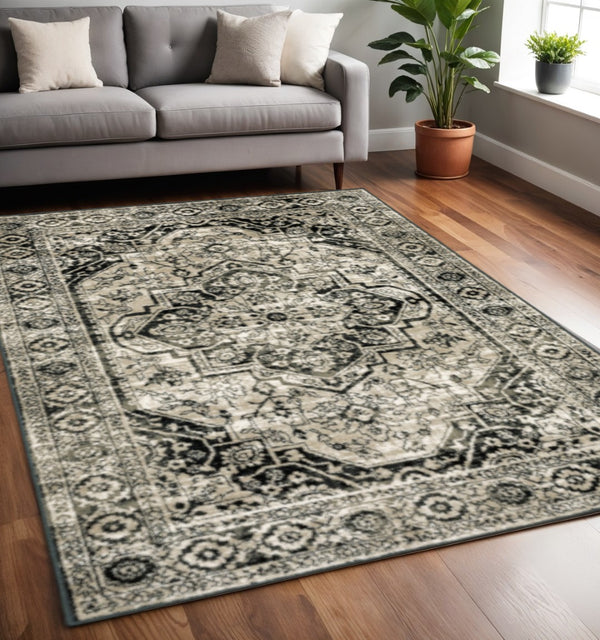 HomeRoots 5' Elegant Black Grey Tan Ivory Oriental Power Loom Area Rug – Stain Resistant & Durable Style 5' X 7' 508975