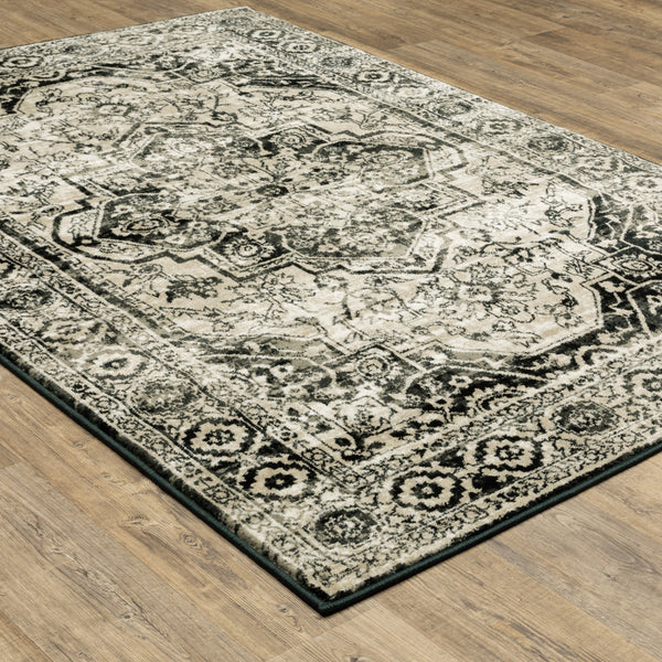 Homeroots 5' X 7' Black Grey Tan And Ivory Oriental Power Loom Stain Resistant Area Rug  Polypropylene 508975