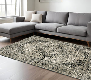 HomeRoots 5' Elegant Black Grey Tan Ivory Oriental Power Loom Area Rug – Stain Resistant & Durable Style 8' X 10' 508977