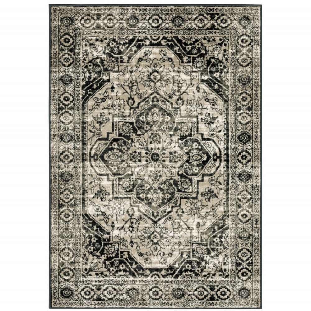 HomeRoots 5' Elegant Black Grey Tan Ivory Oriental Power Loom Area Rug – Stain Resistant & Durable Style 10' X 13' 508978