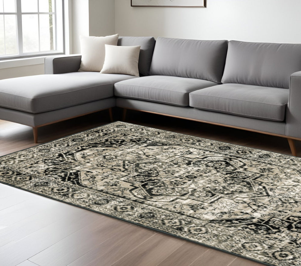 HomeRoots 5' Elegant Black Grey Tan Ivory Oriental Power Loom Area Rug – Stain Resistant & Durable Style 10' X 13' 508978